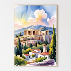May include: Watercolor painting of the Acropolis in Athens, Greece, featuring the Parthenon and other ancient structures. The artwork showcases a vibrant sky with clouds, lush greenery, and a village with red-roofed buildings. The image is framed in a light-colored wooden frame.