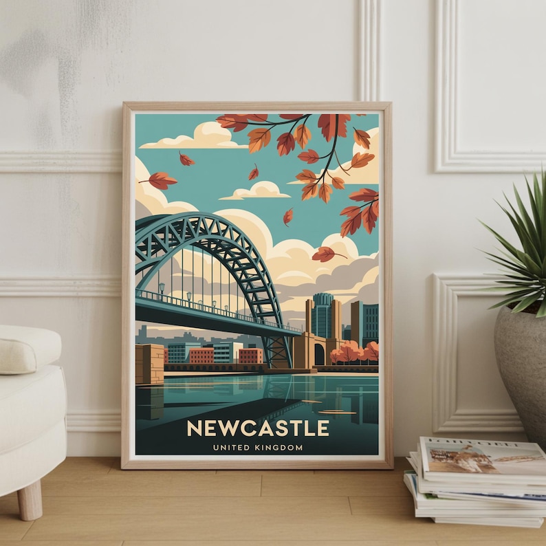 Newcastle Cityscape Art Print: Tyne Bridge, UK Travel Poster image 1