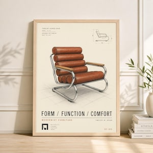May include: A framed print of a tubular lounge chair. The chair features brown leather cushions and armrests, with a chrome frame. The print includes the text "FORM / FUNCTION / COMFORT" and "MODERNIST FURNITURE". The print is in a light wood frame.