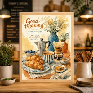 May include: Watercolor print of a breakfast scene with the words "Good Morning". The image features a coffee pot, coffee cup, croissants, blueberries, flowers in vases, and honey. The print is in a wooden frame.