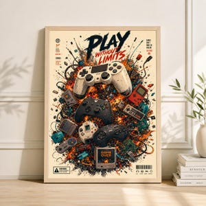 以下が含まれることがあります： ゲームコントローラーとコンソールのコレクションが特徴の額入りポスター。中央のテキストは、ダイナミックで様式化されたフォントで「PLAY WITHOUT LIMITS」と書かれています。カラーパレットには、ベージュ、黒、赤、オレンジが含まれており、ヴィンテージな美学です。
