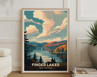 Póster de Finger Lakes: arte de viaje con vistas panorámicas al lago de Nueva York