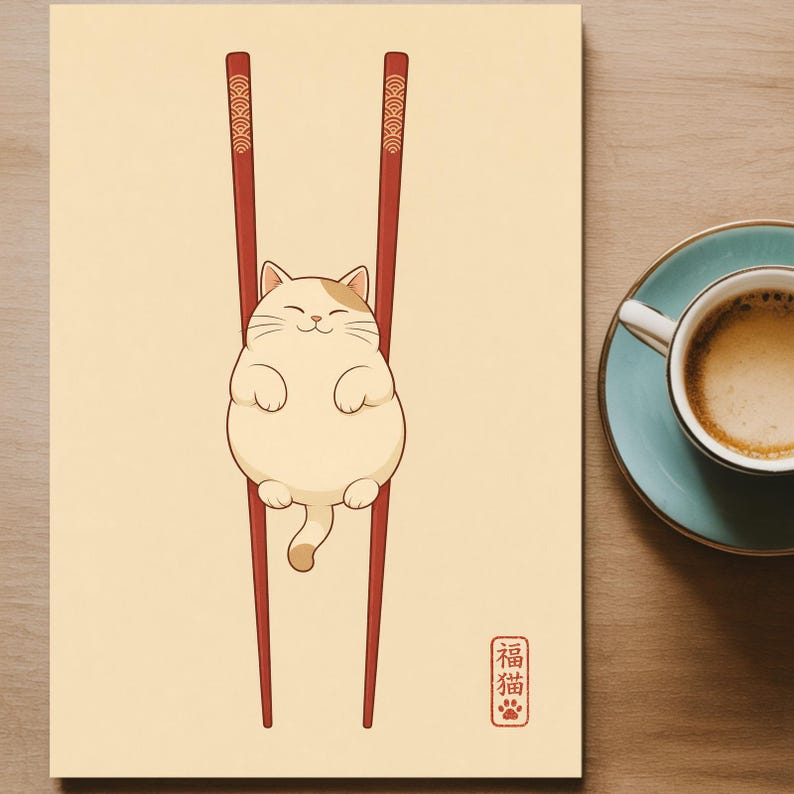 Lámina artística de gato japonés, decoración de pared minimalista zen, póster de palillos con gato imagen 7