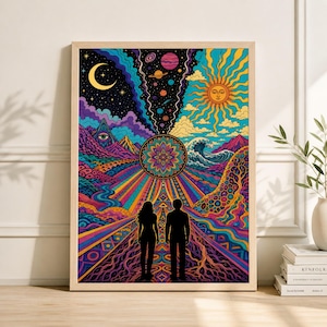 Peut inclure: Une affiche encadrée d'art psychédélique représentant un paysage coloré avec un couple en silhouette en bas. L'œuvre comprend un soleil, une lune, des planètes, des montagnes et un motif de mandala central, avec des teintes vives de bleu, jaune et violet.