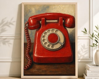 May include: A framed print of a vintage red rotary phone. The phone has a circular dial with numbers and a coiled handset cord. The artwork is set against a neutral background, with a wooden frame.