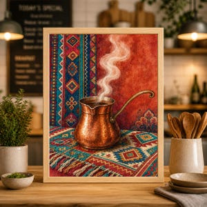 Nadruk na miedzianym dzbanku do kawy, sztuka kuchenna Bliskiego Wschodu, dekoracja ścienna w stylu boho