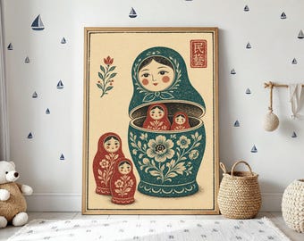 Green Matryoshka Doll Poster, Vintage Nesting Doll Folk Illustration Art