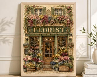 Póster vintage de floristería, lámina botánica retro, decoración de pared para escaparate de floristería.