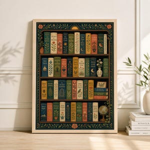May include: A framed print featuring a detailed illustration of a bookshelf filled with colorful books. The books have floral and nature-themed titles. The frame is light wood, and the overall design has a vintage aesthetic.