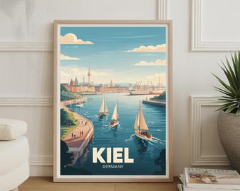 Póster de viaje vintage del faro y velero del puerto de Kiel, Alemania – Arte mural náutico