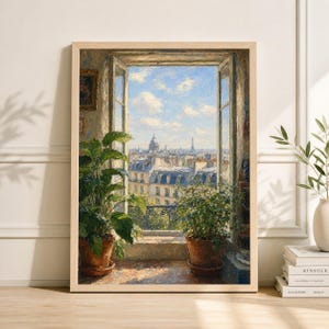May include: A framed painting depicts a sunlit Parisian cityscape viewed through an open window. The artwork showcases a detailed view of buildings, a dome, and the Eiffel Tower under a blue sky with clouds. Potted plants sit on the windowsill, adding a touch of nature to the scene.