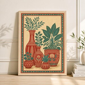 May include: A framed art print featuring a botanical illustration. The artwork showcases several red vases and pots, each holding green plants. The background is a light beige, and the frame is a natural wood color. The print has a vintage aesthetic.