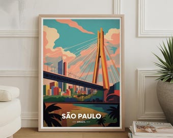Póster de viaje de São Paulo, Brasil: Impresión de paisaje urbano moderno de mediados de siglo, arte mural maximalista para decoración del hogar.