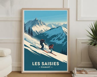 Póster de esquí vintage de los Alpes franceses: arte mural Les Saisies Espace Diamant