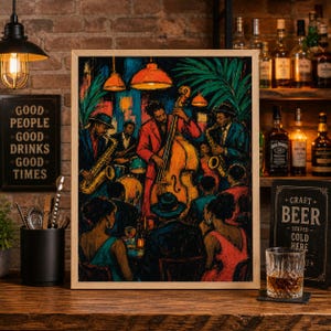 May include: A framed art print depicts a jazz band performing in a dimly lit club. The musicians are dressed in suits and playing instruments like a saxophone, double bass, and drums. The artwork features vibrant colors and a lively atmosphere.