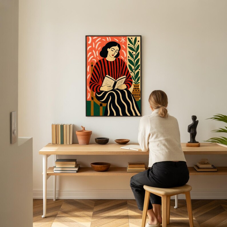 Woman Reading Book Art Print, 70s Retro Poster, Expressionist Figurative Wall Decor image 6
