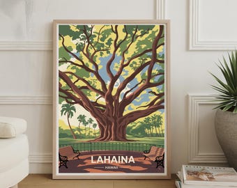 Poster d'epoca di Lahaina Maui: arte di metà secolo con albero di baniano hawaiano