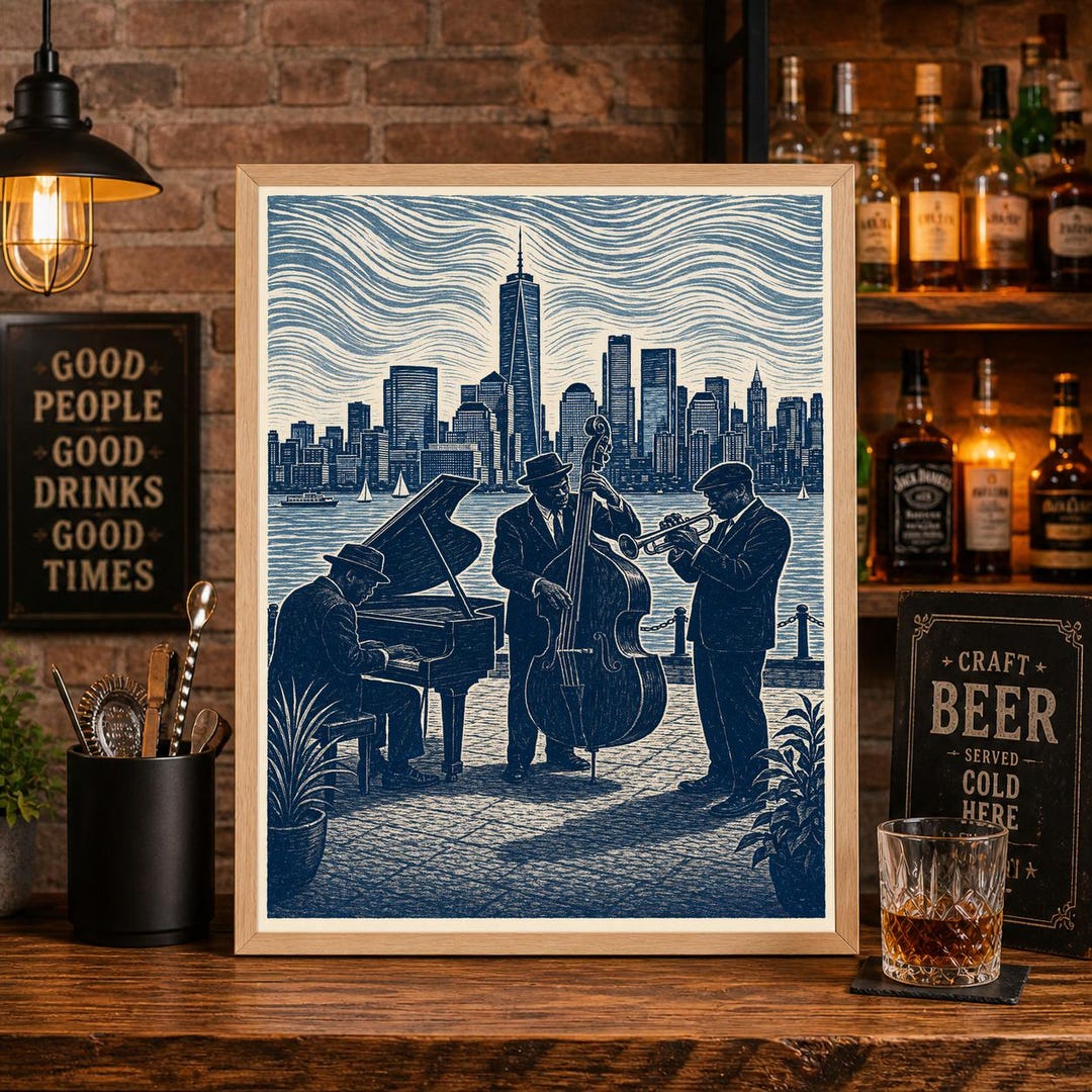 Jazz Trio Waterfront Skyline Print, Retro Music Wall Art, Linocut