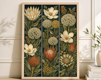Green Botanical Wall Art Prints Set, Floral Nature Poster Trio, Vintage Garden Decor
