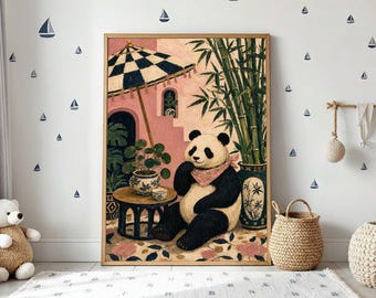 Lámina de arte popular asiático con ilustración de panda y paraguas, decoración de pared con ilustración de bambú.