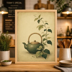 Op de afbeelding: Een ingelijste prent met een vintage illustratie van een groene theepot met een gevlochten handvat en een takje bladeren. Het kunstwerk heeft een sepia-getinte achtergrond en is gevat in een licht houten frame. De afbeelding roept een gevoel van rust en natuur op.