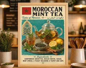 Moroccan Mint Tea Poster, Exotic Vintage Food Art, Kitchen Decor, Morocco Travel Print