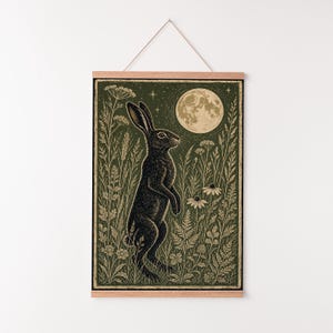 Hare in Moonlit Meadow Poster, Japanese Woodblock Art Print, Linocut Woodland Wall Decor image 8