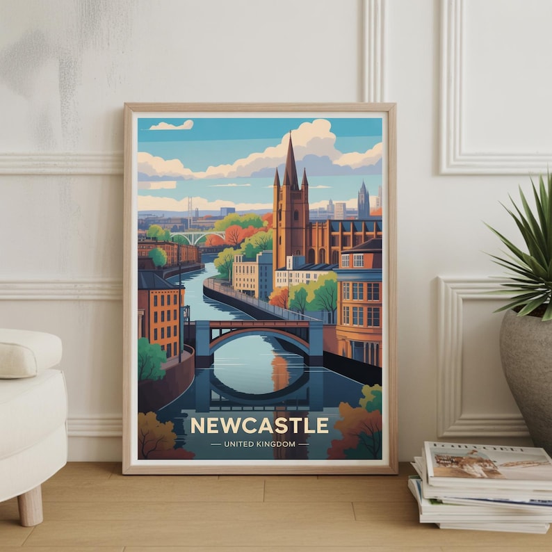 Stampa artistica del paesaggio urbano di Newcastle, decorazione da viaggio nel Regno Unito, regalo di compleanno e matrimonio immagine 1