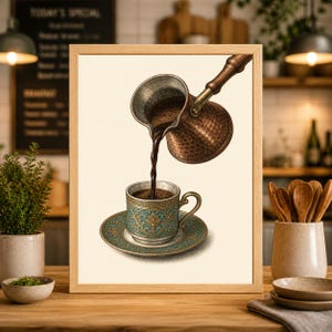 May include: A framed print depicts coffee being poured from a copper cezve into a teal and gold teacup and saucer. The artwork has a vintage aesthetic, with a light beige background. The cezve has a wooden handle. The teacup and saucer have an ornate design.