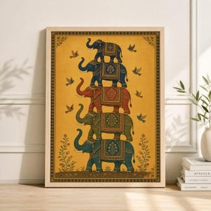 Stacked Elephants Art Print, Indian Folk Art Poster, Boho Decor