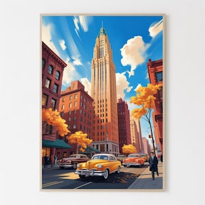 Può includere: Una vivace stampa di un paesaggio urbano con un grattacielo alto e auto d'epoca. L'opera presenta edifici in mattoni rossi, un cielo blu brillante con nuvole e alberi con fogliame autunnale. La tavolozza dei colori è calda.