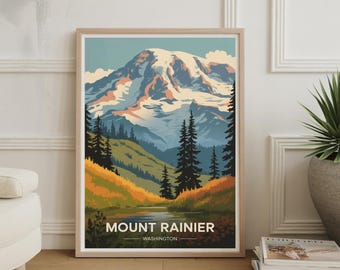 May include: Framed art print featuring a stylized illustration of Mount Rainier in Washington State. The artwork depicts a snow-capped mountain, green hills, and a river, with the text "Mount Rainier" and "Washington" at the bottom. The frame is a light wood color.