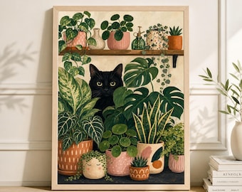 May include: A framed art print featuring a black cat peeking through lush green plants in decorative pots. The artwork has a light wood frame and a neutral background, creating a cozy, botanical theme.