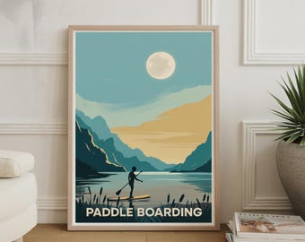 Póster de viajes de aventura: arte paisajístico de paddle surf, decoración de exteriores salvajes, arte mural de deportes extremos