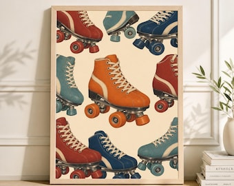 Floral Roller Skates Poster, Vintage Paper Print, Retro Folk Art Wall Decor