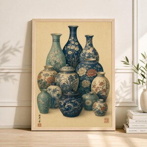 May include: A framed print featuring a collection of ceramic vases in various shapes and sizes. The vases are predominantly blue and white, adorned with floral and ornamental patterns. The artwork has a vintage aesthetic, with a light beige background.