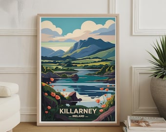 Killarney Irland Reiseposter: Irische Vintage Stadtansicht Wandkunst