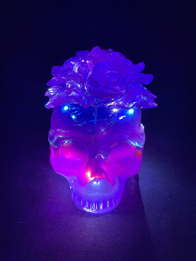 Colorful Resin Skull With Flowers and Fairy Lights Etsy