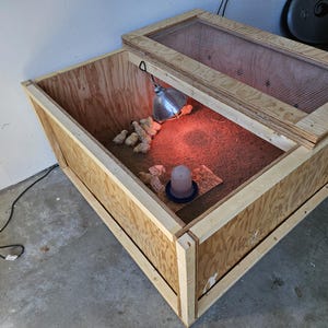 May include: A wooden chicken brooder box with a wire mesh lid. Inside, a heat lamp provides warmth to a group of small, yellow chicks. A water dispenser is also visible. The brooder is set on a concrete floor.