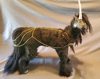 Black Unicorn Art Doll: Poseable Fantasy Creature with Wool Mane