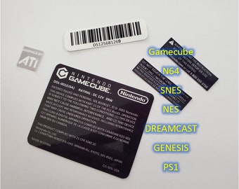 Console deck labels N64, NES, SNES, Gamecube, Dreamcast, Genesis or Ps1