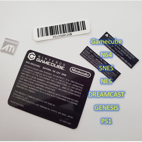 Console deck labels N64, NES, SNES, Gamecube, Dreamcast, Genesis or Ps1