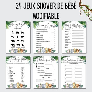 May include: A set of printable jungle-themed baby shower games. The games include "Guess the Price", "Name the Baby Animal", "Mingle Words", "Gestation Game", "Baby Predictions", and "Baby Name Bingo".