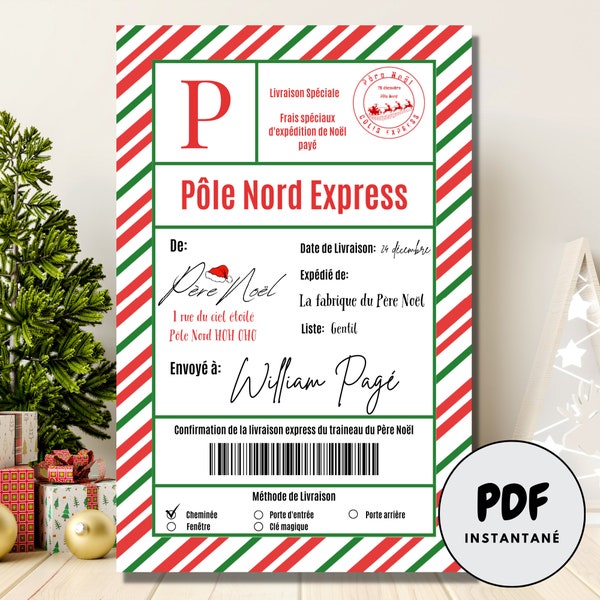 Étiquette d'expédition du Père Noël en Français personnalisable, Étiquette postale du pôle Nord à imprimer modifiable