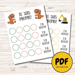 Enseñar a los niños a ir al baño, Tabla imprimible para ir al baño en francés, Motivación de los dinosaurios para ir al baño, Desafío para ir al baño