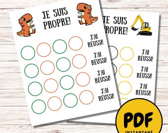 Apprentissage de la propreté pour enfants, Tableau de propreté en français à imprimer, Motivation à la propreté dinosaure, Défi propreté