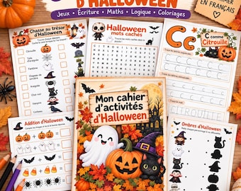 May include: A collection of 35 printable Halloween activity pages in French featuring games, writing, math, logic, and coloring exercises. The sheets include word searches, letter tracing, addition problems, and shadow matching with pumpkin and ghost graphics.