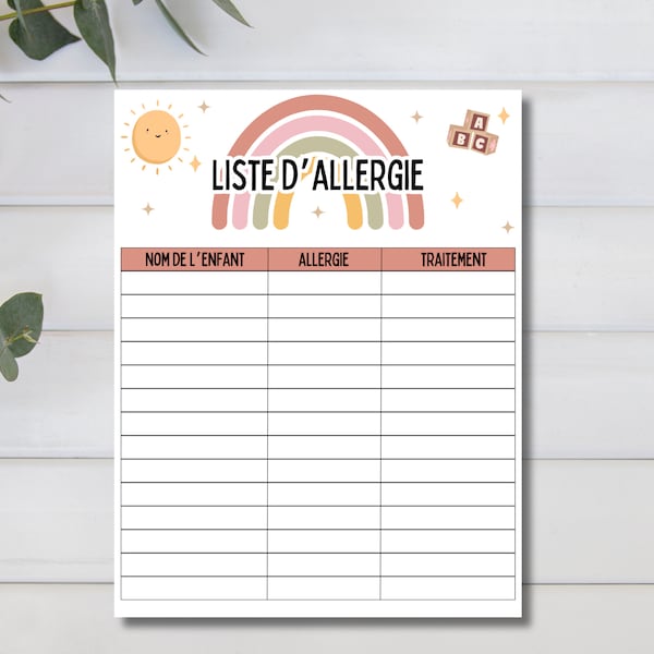 Allergy list for daycare to print, allergy list for children, home daycare, allergy form in French