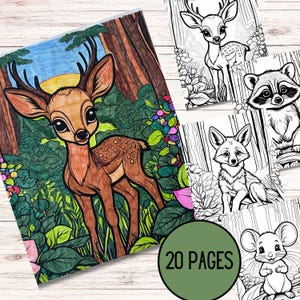 20 Forest Animals Coloring Pages, Baby Animals Coloring Pages, Coloring Book for Adults and Kids