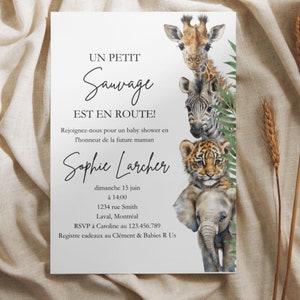 Carte invitation baby shower Safari modifiable, un petit sauvage est en route, Faire part shower de bébé safari, animaux de Safari